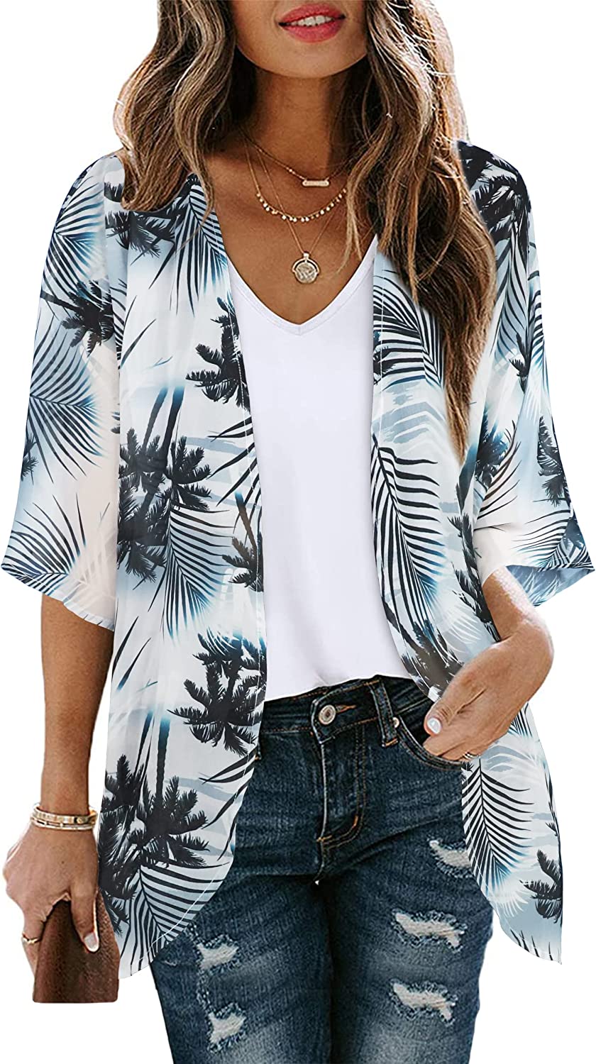 230816053356849_1 Women's Floral Print Puff Sleeve Kimono Cardigan Loose Cover Up Casual Blouse Tops - Image 1